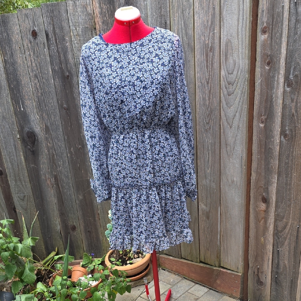 DNT Blue and White Ruffled Tiered Sundress with Bishop Sleeves